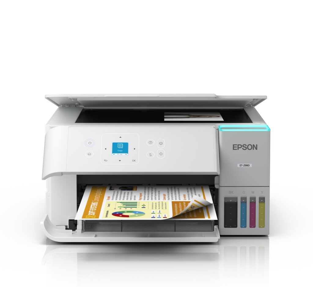Impressora Epson EcoTank ET-2980 branca em fundo neutro, mostrando design moderno e frascos de tinta EcoFit