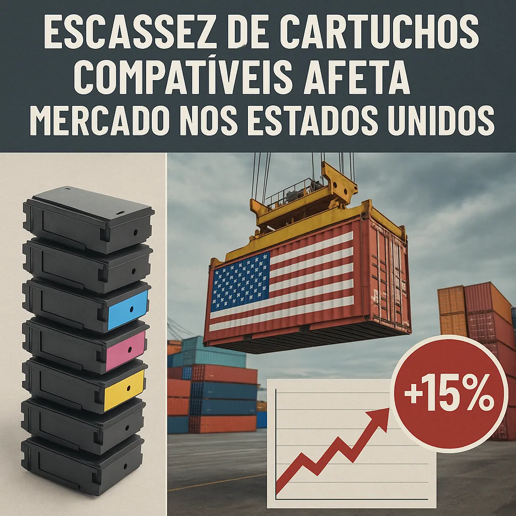 Imagem ilustrativa mostrando cartuchos compatíveis, contêiner com bandeira dos EUA e gráfico de aumento de preços.

